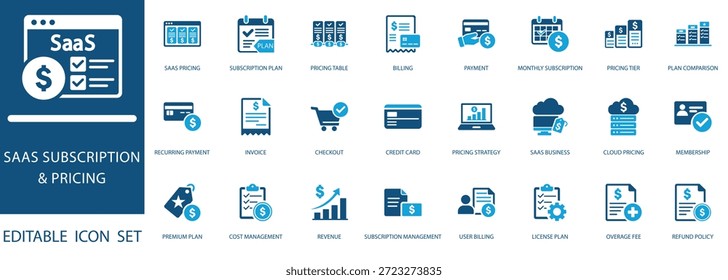 SaaS Suscripción y Precios Icon Set. Paquete de los iconos de facturación, pago, Plan de suscripción, Factura y Precios en la nube para la presentación empresarial.