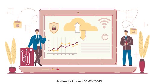 Saas System for Worldwide Business Development and Management. Businessman Partners Standing on Big Laptop and Exchanging Information via Internet. Secure Cloud Storage Service. Vector Illustration