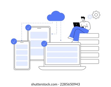 Ilustración vectorial de concepto abstracto de la tecnología SaaS. Software como servicio, computación en nube, servicio de aplicaciones, acceso al cliente, licencias de software, suscripción, metáfora abstracta de precios.