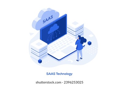 Ilustración vectorial de concepto isométrico de la tecnología SaaS. Software como servicio, computación en nube, servicio de aplicaciones, acceso al cliente, licencias de software, suscripción, metáfora abstracta de precios.