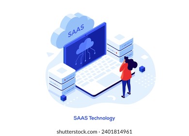 SaS-Technologie isometrisches Konzept Vektorgrafik. Software als Dienstleistung, Cloud-Computing, Anwendungsservice, Kundenzugang, Softwarelizenzierung, Abonnement, abstrakte Preisbildmetapher.