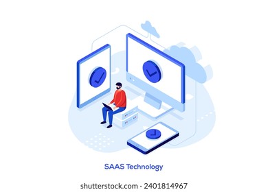 SaaS technology isometric concept vector illustration. Software as a service, cloud computing, application service, customer access, software licensing, subscription, pricing abstract metaphor.