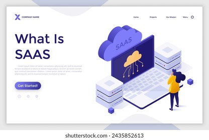 SaaS technology isometric concept vector illustration. Software as a service, cloud computing, application service, customer access, software licensing, subscription, pricing landing page