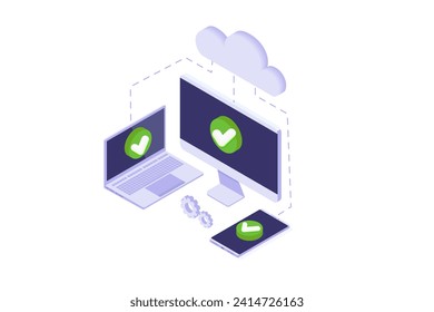 Tecnología Saas, Software como servicio Concepto isométrico. Ilustración vectorial.
