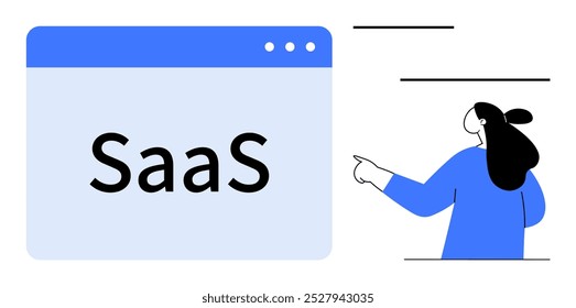 SaaS text inside a web browser window. Woman pointing towards the browser. Ideal for software as a service, cloud computing, online business, digital solutions, and technology services. Simple