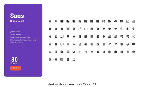 SaaS UI Icons Set includes 80 clean and modern Solid icons designed specifically for SaaS platforms, dashboards, and digital products.

All icons are 100% vector, built on a 24px grid, fully scalable, and easy to customize.
Ideal for SaaS dashboards, admin panels, analytics tools, automation systems, and web applications.