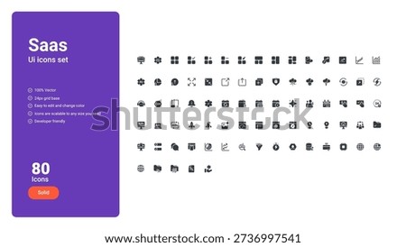 SaaS UI Icons Set includes 80 clean and modern Solid icons designed specifically for SaaS platforms, dashboards, and digital products.

All icons are 100% vector, built on a 24px grid, fully scalable, and easy to customize.
Ideal for SaaS dashboards, admin panels, analytics tools, automation systems, and web applications.