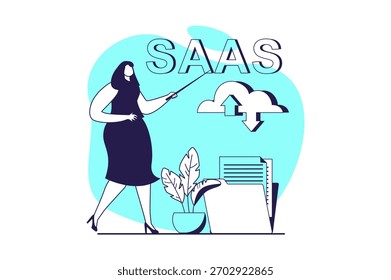 SaaS web concept with flat people for website design. Woman using software as a service, making online backup and sync in cloud storage with automation and data protection. Vector illustration.