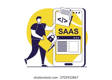 SaaS web concept with flat people for website design. Man using software as a service, interacting with cloud computing from mobile phone app, making online backup and sync. Vector illustration.