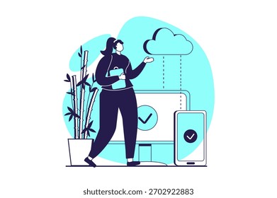 Conceito web SaaS com pessoas planas para design de site. Mulher usando software como um serviço, fazendo otimização entre computador e telefone celular, fazendo sincronização e backup online. Ilustração vetorial.
