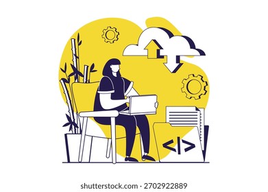 Conceito web SaaS com pessoas planas para design de site. Mulher usando software como um serviço, interagindo com a computação em nuvem a partir de laptop, backup e sincronização com proteção on-line. Ilustração vetorial.