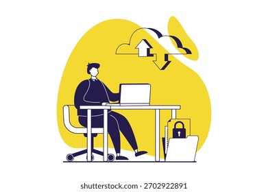 SaaS web concept with flat people for website design. Man using software as a service, making optimization between laptop and datacenter, online processing and data connecting. Vector illustration.