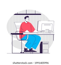 SaaS web concept. Man works using subscription program service. Software as a Service people scene. Flat characters design for website. Vector illustration for social media promotional materials
