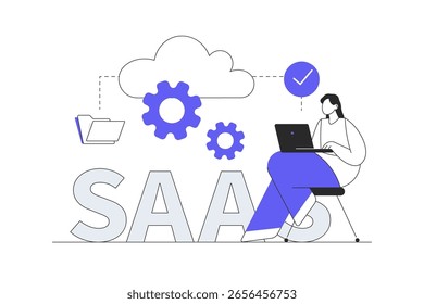 Concepto de Web SaaS. Mujer que utiliza el software como servicio con la Suscripción en línea, trabajando con el programa y la tecnología de la nube. Ilustración vectorial plana de dibujos animados, icono. Diseño abstracto con estilo landing page