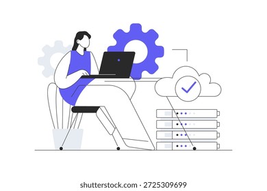 Diseño de Sitio web SaaS. Mujer que usa software como programas de servicio, trabajando con plataforma de almacenamiento en la nube. Ilustración vectorial plana de la historieta, icono Web elegante de la página de aterrizaje del diseño abstracto