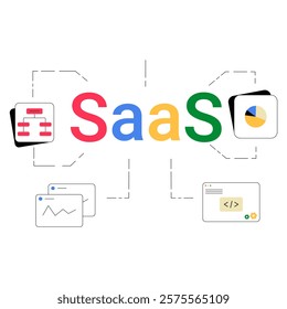 SaaS Workflow With Data Analytics And Code In Flat Vector Illustration Symbolizing Software Functionality, Digital Processes, And Cloud Solutions, Isolated On White Background.