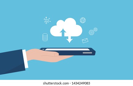 SaaS,Software As A Service Image,hand Holding Smartphone,vector Illustration