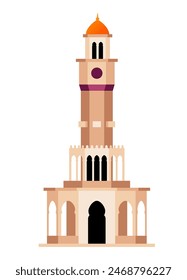 Torre de reloj Saat Kulesi - Imagen aislada de estilo moderno de diseño plano. Ilustración detallada ordenada del edificio histórico situado en la plaza Konak en el distrito homónimo de la ciudad de Esmirna