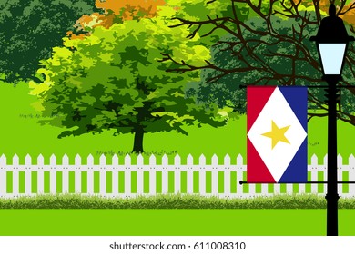 Saba Flag, Landscape of Park, Trees, Fence wooden and Street light Illustration 