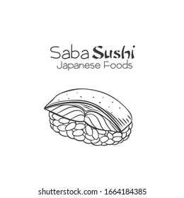 Saba sushi outline. Japanese traditional food icon with mackerel. Isolated hand drawn seafood vector illustration.