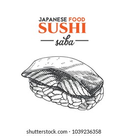 Saba sushi sketch. Japanese traditional food icon with mackerel. Isolated hand drawn vector illustration.