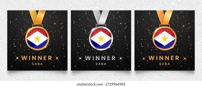 Saba winner set featuring gold, silver, and bronze medals with the national flag design, displayed on a dark background with festive confetti, sparkling highlights and elegant patterns