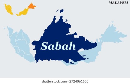 Mapa de Sabah Malaysia com bandeira - Estado de Bornéu, Kota Kinabalu e Monte Kinabalu Vetor Outline.earth