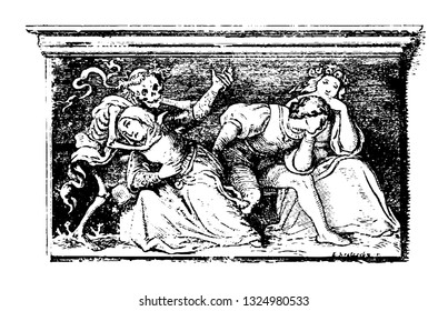 Sabbath dance make men furious and abort women and devil learn different type of dance, vintage engraved line art illustration. Infernal Dictionary 1863.