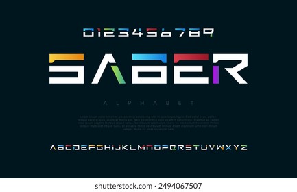 Saber creative modern urban alphabet font. Digital abstract futuristic, fashion, music, logo, sport, minimal technology typography. Simple numeric vector illustration