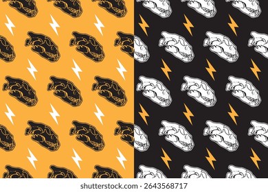 Crânio cabeça sabre com raio rústico sem costura padrão no fundo amarelo preto. Tiger predator osso crânio com relâmpago retro doodle isolado fundo padrão para a mercadoria da vida selvagem