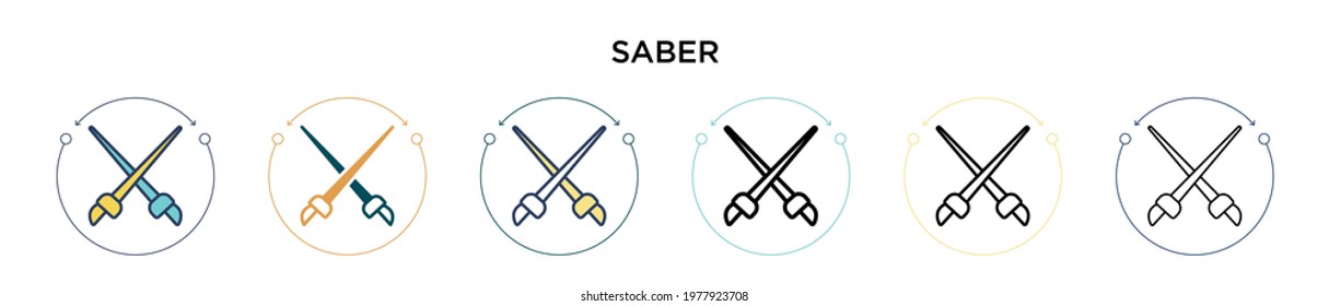 Saber icon in filled, thin line, outline and stroke style. Vector illustration of two colored and black saber vector icons designs can be used for mobile, ui, web