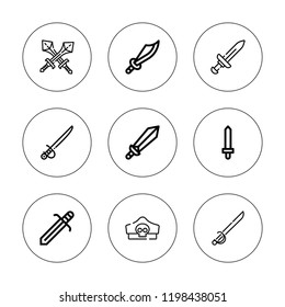 Saber icon set. collection of 9 outline saber icons with pirate hat, saber, sword icons. editable icons.