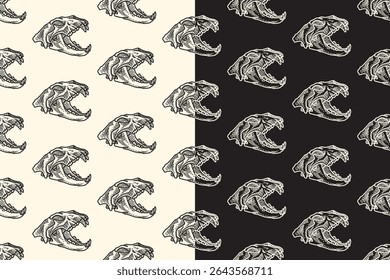Saber predador cabeça crânio lado vista linha arte gravando padrão sem emenda no fundo branco preto. Fundo de padrão de doodle de incubação de osso de crânio tigre para embalagens e mercadorias de vida selvagem