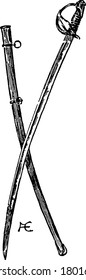 Saber and sheath, a long-curved and blade with sharp edged weapon, used by Americans, vintage line drawing or engraving illustration.