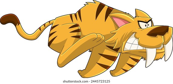 Saber Tooth Tiger Animal Cartoon Character Running.  Vector Hand Drawn Illustration Isolated On Transparent Background