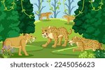 Saber toothed cat group in the forest illustration