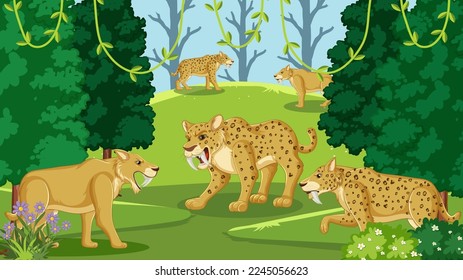 Saber toothed cat group in the forest illustration