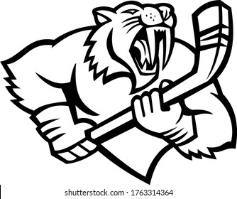 Saber Toothed Cat Holding Ice Hockey Stick Mascot Black and White