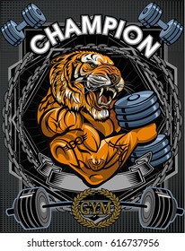 Saber toothed tiger. Weightlifting power sport. Fitness gym