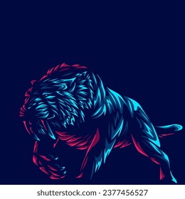 Sabertooth logo line pop art portrait colorful design with dark background. Abstract animal vector illustration