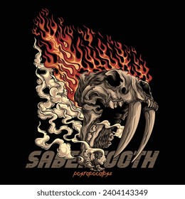 sabertooth skull with open mouth, and there's fire and smoke from behind. Sabertooth is a member of various groups of extinct predatory predators.
