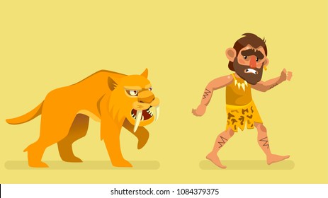 Saber-toothed Tiger Chasing Primitive Man. Vector Illustration