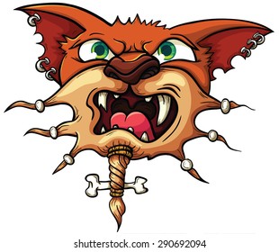 Saber-toothed tiger - Shaman, attacks with a stick in its paws. Vector illustration with simple gradients.
