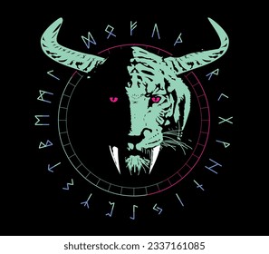 Saber-toothed tiger t-shirt design surrounded by runic alphabet isolated on black. Viking illustration for the textile industry.