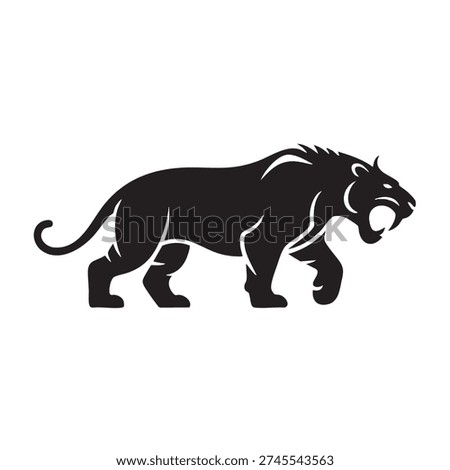 Saber-toothed tiger vector illustration depicts a powerful, ancient prehistoric feline creature in a strong, walking stance with its iconic long teeth, perfect for logos, mascots, educational graphics, or impactful historical designs requiring a fierce and bold animal representation.