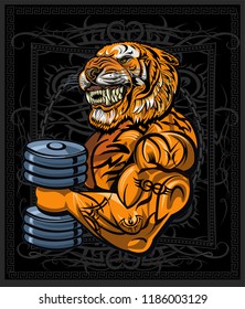 Saber-toothed tiger. Weightlifting power sport. Fitness gym