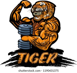 Saber-toothed tiger. Weightlifting power sport. Fitness gym
