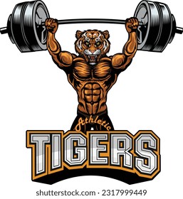 Saber-toothed tiger. Weightlifting power sport. Fitness gym