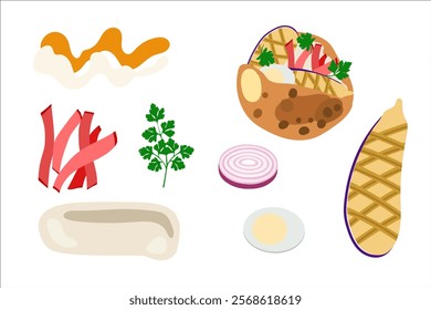 Sabich. Ingredients and final meal. Vector simple color flat illustration.