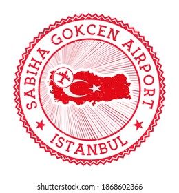 Sabiha Gokcen Airport Istanbul stamp. Airport logo vector illustration. Istanbul aeroport with country flag.